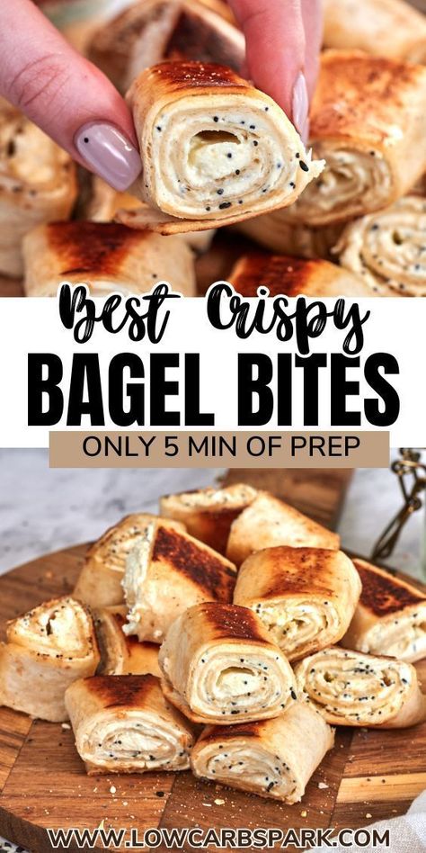 Enjoy these easy and delicious Crispy Bagel Bites, perfect as a snack or appetizer. Start with a crunchy low-carb tortilla, add a layer of cream cheese, and sprinkle homemade Everything Bagel Seasoning on top. Cook them in butter until golden brown for a flavor-packed treat. Bagel Bites Recipe, Homemade Everything, Flavored Cream Cheeses, Low Carb Bagels, Quick Appetizer, Breakfast Slider, Everything Bagel Seasoning, Mini Bagels, Bagel Bites