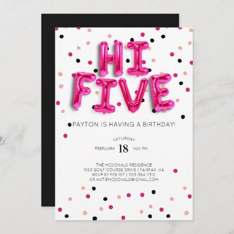 5th Birthday Invitation, 5th Birthday Girls, Birthday Party Pink, Animal Birthday Invitation, Diy Birthday Invitations, 5th Birthday Party, Hi Five, Girls Birthday Party Themes, 5th Birthday Party Ideas