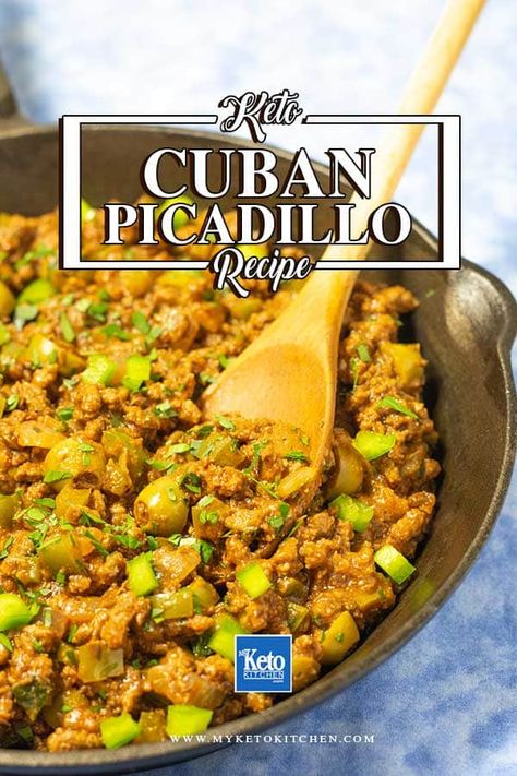 This delicious Keto Cuban Picadillo is an easy to make, healthy ground beef recipe. It's ideal for a weeknight dinner with leftovers to take for lunch. It's a mildly spiced dish filled with peppers and green olives. It's gluten free, dairy free and very tasty served with cauliflower rice. #keto #healthy #ketorecipe #groundbeef #beef Picadillo Recipe Cuban, Keto Picadillo, Cuban Picadillo, Picadillo Recipe, Ground Beef Recipe, Healthy Ground Beef, Spiced Beef, Cuban Style, Ground Beef Recipes Healthy