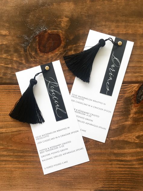 Black and White wedding menus with place card and tassel elegantly fixed on with a gold brass Creative Wedding Invitation, Wedding Menu Ideas, Creative Wedding Invitations, Country Wedding Invitations, Wedding Shower Invitations, Wedding Menu Cards, Beach Wedding Invitations, Invitation Inspiration, Perfect Wedding Gift