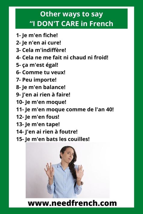 15 Other ways to say “I don't care” in French “Je m'en fiche” - NeedFrench French Language Basics, Essay Writing Examples, College Essay Examples, Useful French Phrases, French Basics, Basic French Words, French Worksheets, Other Ways To Say, Essay Writing Tips