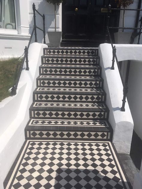 Tiled Steps, Victorian Hallway Tiles, Victorian Front Garden, Front Door Steps, Victorian Porch, Tile Steps, Victorian Floor Tiles, Porch Tile, Victorian Floor