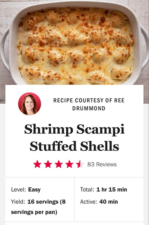 Shrimp Scampi Stuffed Shells, Seafood Stuffed Shells Recipe, Seafood Stuffed Shells, Quick Casseroles, Ree Drummond Recipes, Best Lasagna Recipe, Best Lasagna, Shells Recipe, Seafood Shrimp