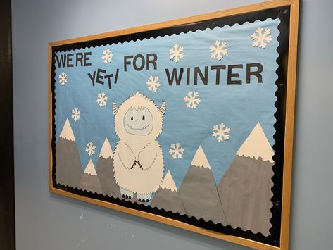 Winter Preschool Bulletin Board Ideas, Winter Teacher Bulletin Boards, Winter Theme Door Decorations For School, Yeti Decoration Ideas, Winter Door Theme For Classroom, Winter Boards Bulletin For Daycare, Winter Sports Bulletin Board Ideas, Simple Winter Bulletin Boards, Winter Classroom Board