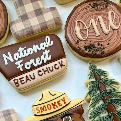 Cassidy Burk on Instagram: "Smokey says Beau is one! 🐻🌲 • • • • #royalicing #cookie #customcookies #montana #royalicingcookies #sugarcookies #cookiesofinstagram #helenamontana #cookies #decoratedcookies #406 #sugarcookiedecorating #birthdaycookies #smokey #smokeybear" National Park Birthday Cookies, Smokey The Bear Cake, National Park Cookies Decorated, Smokey Bear Birthday Party, Smokey The Bear Party, National Park Cookies, Montana Cookies, One Happy Camper Cookies, Jeep Cookies