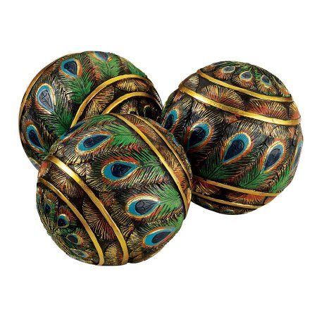 Design Toscano Peacock-Feathered Orbs Decorative Accent Balls: Set of Three, Multicolor Peacock Feather Art, Peacock Christmas, Decorative Balls, Peacock Decor, Organic Art, Decorative Sculpture, Feather Art, Sphere Ball, Design Toscano