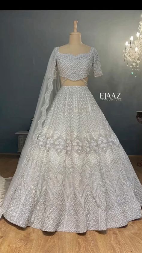 Trending Lehenga Designs For Bride, Ejaazcouture Lehenga, Ejaazcouture Bridal, White Fitted Lace Lehenga, Lehenga For Bride, White Lace Lehenga For Party, Elegant Long White Lehenga, White Lace Elegant Lehenga, Elegant Designer Off-white Lehenga