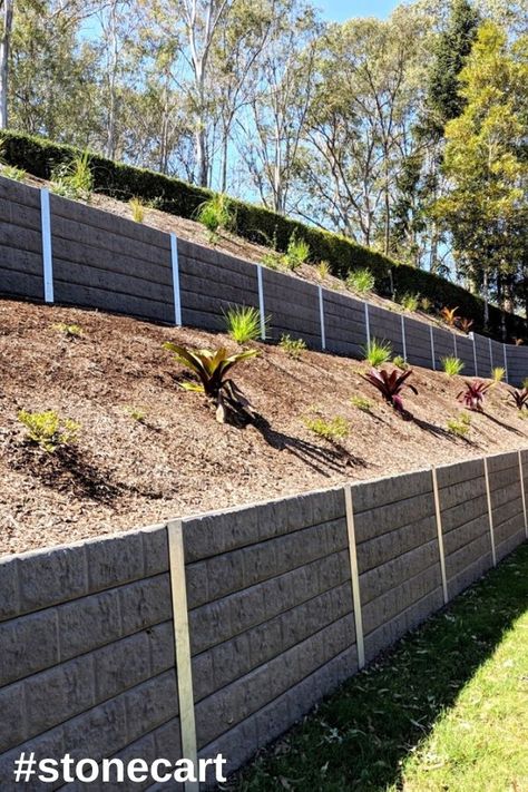 Concrete Sleeper Retaining Walls, Sleeper Retaining Wall, Concrete Sleepers, Low Maintenance Backyard, Retaining Wall Design, Small Yard Landscaping, Concrete Retaining Walls, Stone Retaining Wall, Landscaping Retaining Walls