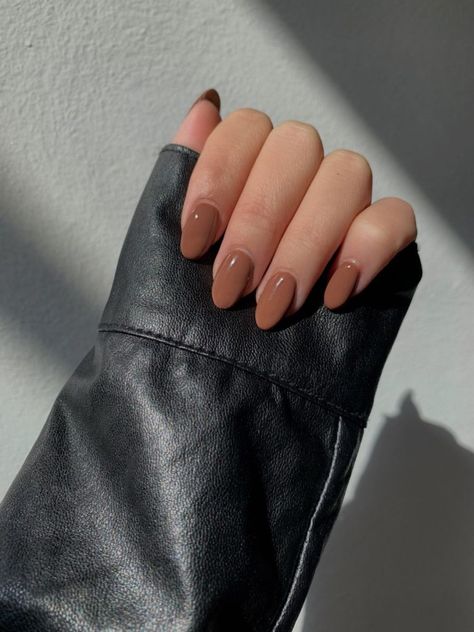 Brown Nail Ideas Brown Girls Nails, Neutral Brown Nails Short, Spring Brown Nails, Short Nail Designs Minimal Almond, Brown Round Acrylic Nails, Gel X Brown Nails, Gel Nails Ideas Brown, Short Round Brown Nails, Round Brown Nails