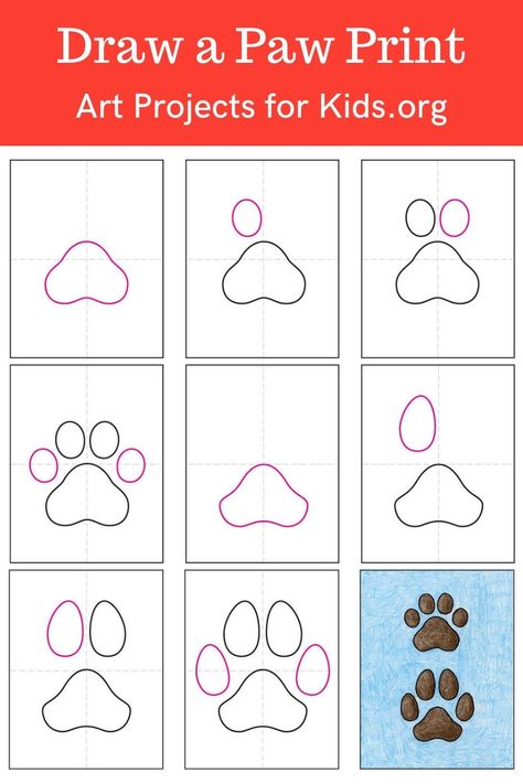 Learn how to draw a Paw Print with an easy step-by-step PDF tutorial.    #howtodraw #drawing #drawingtutorial #arttutorial #artprojectsforkids #howtodrawforkids #pawprint Cat Paws Drawing, Paw Print Drawing, Van Gogh Coloring, Miro Artist, Artist Monet, Collaborative Mural, Paw Print Art, Artist Van Gogh, Winter Drawings