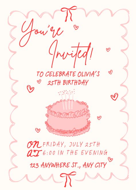 Cute coquette invitation you can use for birthday parties and hangouts. Coquette Invitation, Coquette Birthday Party, Coquette Birthday, Bday Invitations, Cute Coquette, Birthday Planning, 25th Birthday, Happy Birthday Cards, Sweet 16