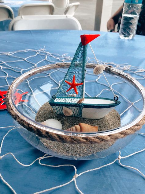 Ahoy it’s a boy - nautical themed centerpiece. Sailboat Centerpiece Ideas, Boat Centerpiece Ideas, Ahoy Its A Boy Baby Shower Ideas, Nautical Centerpiece Ideas, Boat Centerpieces, Shipwrecked Vbs, Nautical Baby Shower Boy, Nautical Centerpiece, Pregnant Cake