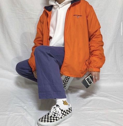 Orange Outfits Men, Cfg Outfit, Streetwear Aesthetic Men, Edgy Male Outfits, Orange Outfit Men, Vaporwave Outfit, Boyfriend Outfits, Mens Work Outfits, Purple Outfit