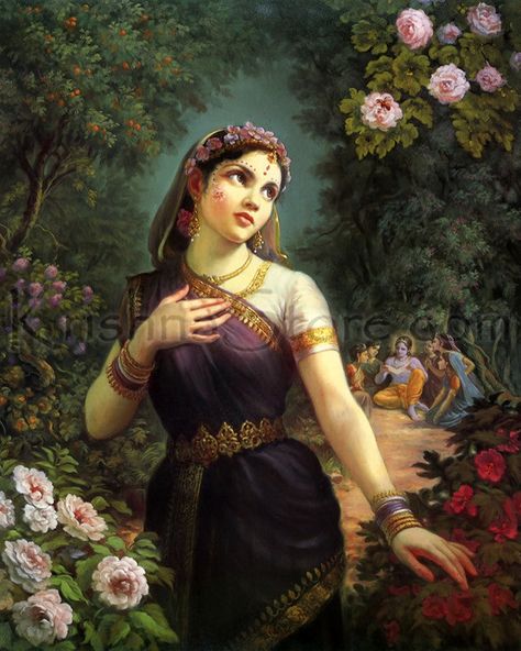 Radharani, Krishna's girlfriend, sometimes became angry with Krishna and sometimes in this mood she had a conversation with a bumblebee. Firstly Radharani was complaining about the activities of Krishna to the bumblebee but then she feared that the bumblebee may actually be a messenger from Krishna in disguise so she became afraid Krishna Das, Hinduism Art, Vedic Art, Krishna Radha Painting, Radha Krishna Images, Radha Rani, Radha Krishna Art, Krishna Painting, Indian Paintings