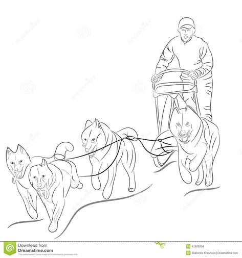 Hand drawn illustration of dogs pulling a sled Sleigh Silhouette, Huskies Sled, Sled Dog, Animal Stencil, Dog Coloring Page, Vector Silhouette, Silhouette Illustration, Sketches Tutorial, Hand Drawn Illustration