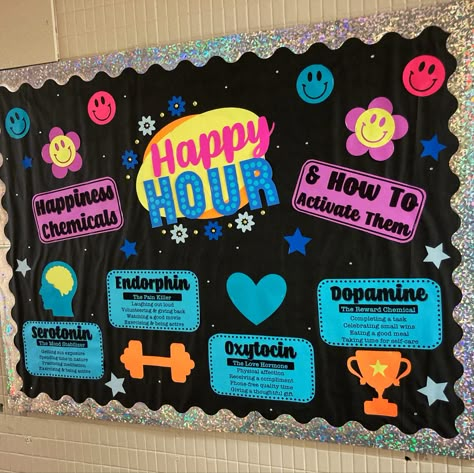 Happy Hour Bulletin Board covering the four happiness brain chemicals and how to activate them! #bulletinboardideas #residentassistant #RAResLife #highered #residentadvisor #hiphipra Work Board Ideas Offices, Nurses Board Ideas, Burnout Bulletin Board, Happiness Bulletin Board Ideas, Senior Living Bulletin Board Ideas, Recovery Bulletin Board Ideas, Homecoming Bulletin Board Ideas, Brain Bulletin Board, College Bulletin Boards Residence Life