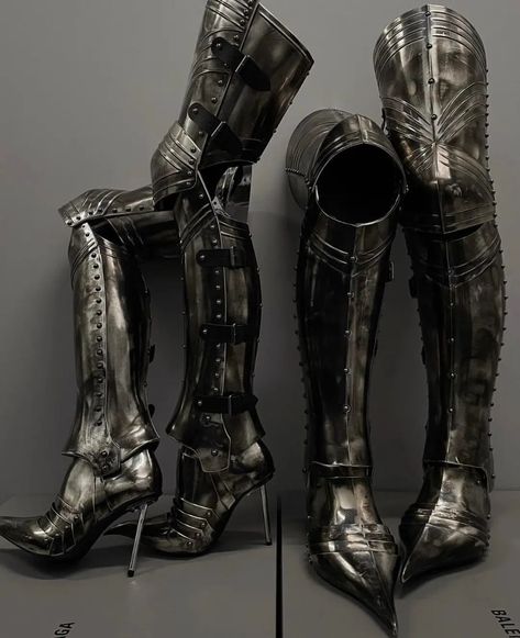 @threefatescastle on Instagram: “Balenciaga, Chevalier Armor Knight Boots” Armor Boots, Medieval Boots, Mode Shoes, Knight Boots, Knight Armor, Medieval Fantasy, Character Outfits, Combat Boots, Metallica