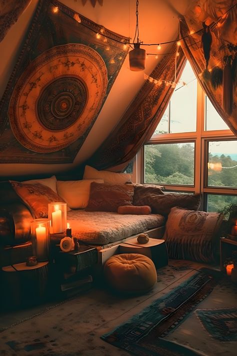 a bohemian room in an attic, a couch style bed up against the wall with a trippy psychedelic tapestry hanging. fairy lights draped around. a yellow pouf chair on the ground. lots of pillows and blankets. a lantern style light hanging. cozy plants and candles. Boho Chill Room Ideas, Chill Apartment Vibes Cozy, Dark Spiritual Room Aesthetic, Hobo Aesthetic Room, Dark Boho Room Aesthetic, Dark Chill Room Aesthetic, Dark Aesthetic Room Decor, Dark Cozy Home Aesthetic, Attic Chill Room