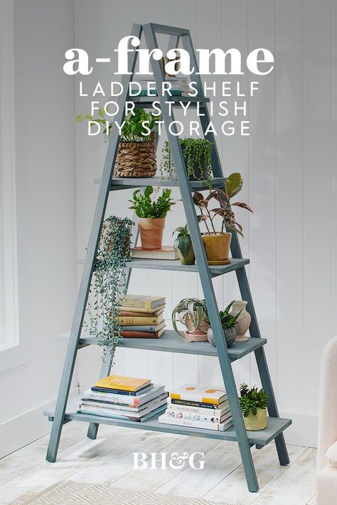 With its A-frame shape, this DIY ladder shelf provides a modern alternative to a traditional bookcase. Learn how to make this DIY A-frame ladder shelf using our step-by-step instructions below. #diybookshelf #aframeshelf #diyladdershelf #bhg Ladder Shelves Diy, Diy Shelf Ladder, Diy Floor Shelf Ideas, Make A Ladder Shelf, Ladder Diy Decor, A Frame Shelf Diy, Diy Latter Shelf, A Frame Plant Stand Diy, A Frame Bookshelf Diy