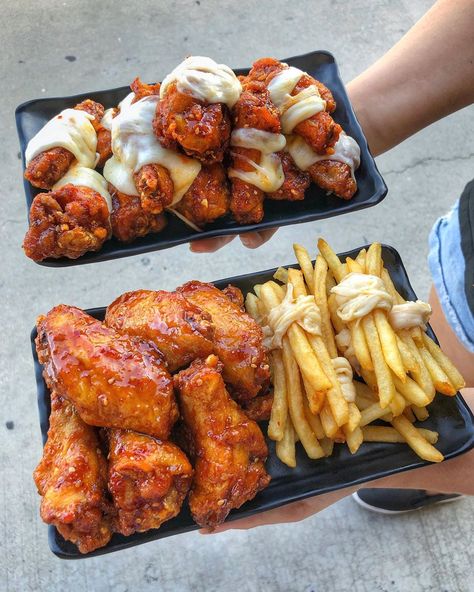 Best Korean Fried Chicken on Instagram: “It’s time to make your decision 🤭. Option A: Wings wrapped cheese only. Option B: Wings and fries wrapped cheese. . . . #longbeach…” Korean Chicken With Cheese, Korean Cheese Chicken, Fried Chicken Korean, Wings And Fries, Kfc Chicken, Fast Foods, Korean Fried Chicken, Option B, Food Babe