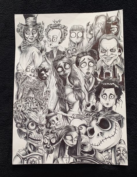 All Tim Burton Characters Together, Tim Burton Gcse Art Page, Tim Burton Hairstyles Drawing, Tim Burton Research Page, Tim Burton Art Project, Tim Burton Artist Research Page, Tom Burton Aesthetic, Tim Burton Art Drawings, Tim Burton Drawings Style Tutorial