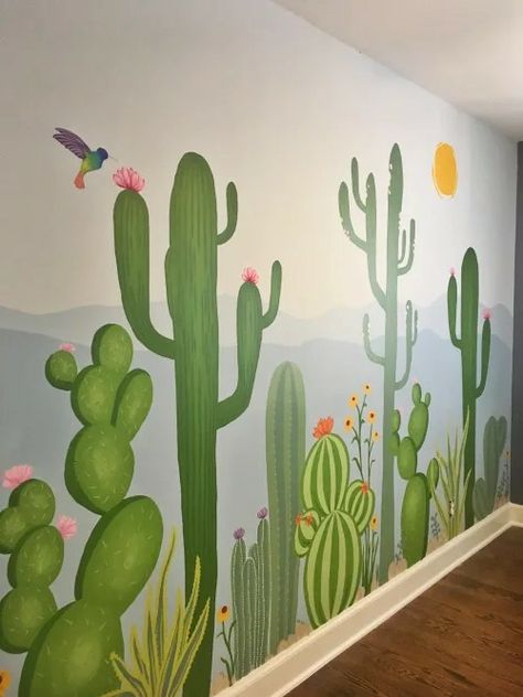 Cactus Mural Painting, Cactus Wall Painting, Cactus Mural, Koti Diy, Doodle Wall, Garden Fence Art, Wall Murals Diy, Garden Mural, Room Wall Painting