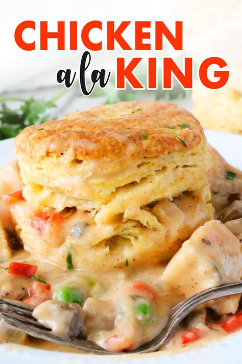 Easy Chicken A La King, Chicken Ala King, Chicken A La King Recipes, Ala King, Chicken A La King, Chicken Mushrooms, Pasta Rice, Whole Roasted Chicken, Homemade Biscuits