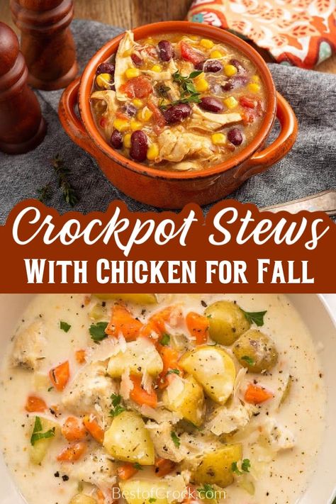 The best crockpot stews with chicken for fall offer the perfect amount of warmth and comfort for the season. Crockpot Recipes for Fall | Slow Cooker Fall Recipes | Crockpot Recipes with Chicken | Slow Cooker Chicken Recipes | Chicken Stew Recipes | Crockpot Stew Recipes | Slow Cooker Stew Recipes | Comfort Food Recipes | Crockpot Comfort Food Recipes | Easy Chicken Dinner Recipes | Chicken Stew Ideas via @bestofcrock Chicken Stew In Slow Cooker, Healthy Chicken Stew Crockpot, Crock Pot Stew Recipes, Slow Cooker Chicken Stew Recipes, Stew Recipes Slow Cooker, Fall Recipes Crockpot, Crockpot Stew Recipes, Slow Cooker Fall Recipes, Crockpot Comfort Food Recipes