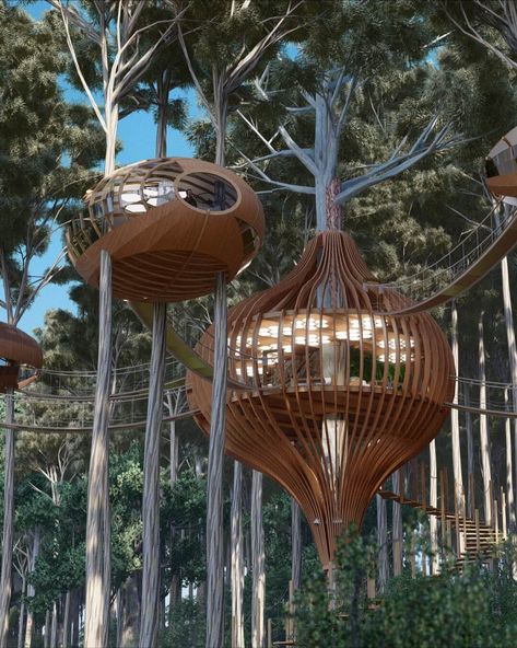 The nests cabins: Treehouse hotels desig|Visualization Mountain Resort Design, Treehouse Hotel, Cool Tree Houses, Eco Architecture, Tree House Designs, Eco Lodge, Resort Design, Architecture Design Concept, Organic Architecture