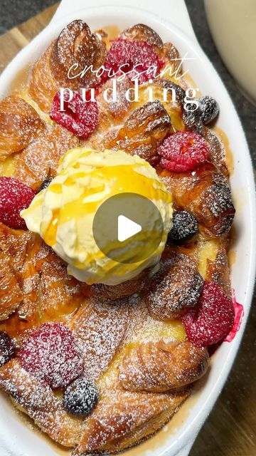 Sadia on Instagram: "MY MOST VIRAL VIDEO 😱😍 - this easy croissant pudding is quick and hearty when you have a sweet craving. 

It’s SO EASY that ANYONE can make this!! The recipe has been posted for over a month now but in case you missed it, recipe is below 👇🏻 

You’ll need:
4-5 croissants
2 eggs
243 ml of double cream
100g of sugar
Raspberries Blueberries
Icing sugar
Ice cream
Golden syrup

Method:
Slice your croissants and add to a baking tray/casserole tray For your custard, mix together the cream, eggs and sugar Pour your custard over the croissants
Bake in a preheated oven at 180 degrees for 30-40 minutes or until its nice and golden and cooked through
When there is 10-12 minutes left, remove from the oven, place a few raspberries and blueberries on the top and place back in oven Breadpudding Dessert, Croissant Bread Pudding Recipe, Croissant Pudding, Ramadan Series, Crescent Roll Breakfast Recipes, Cream Eggs, Cooking Homemade, Ramadan Recipes, Golden Syrup