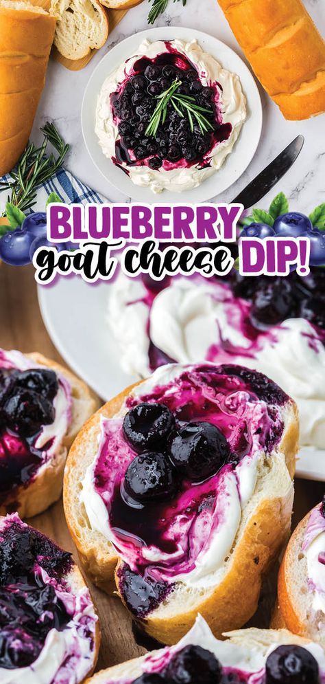 This Blueberry Goat Cheese Dip appetizer is a beautiful and easy 10-minute recipe served with slices of French bread. Blueberry Goat Cheese Recipes, Goat Cheese Recipes Appetizers Dips, Blueberry Goat Cheese Appetizer, Recipes With Goat Cheese, Goat Cheese Dip Recipes, Cooking With Honey, Gameday Food, Blueberry Goat Cheese, Goat Cheese Dip