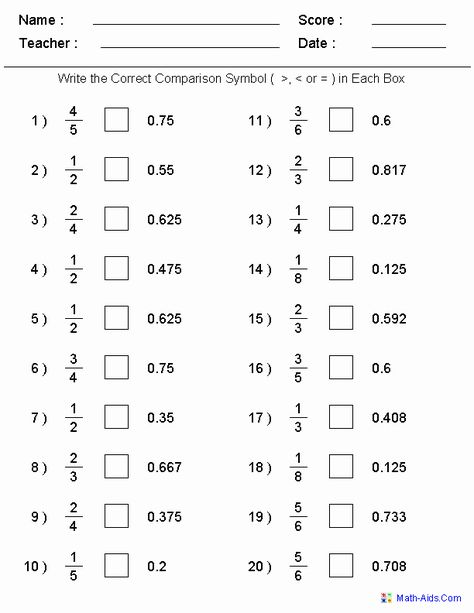 Fractions To Decimals Worksheet, Math Fractions Worksheets, Fractions Decimals Percents, Ordering Fractions, Comparing Decimals, Fractions And Decimals, Decimals Worksheets, Comparing Fractions, Fractions Decimals