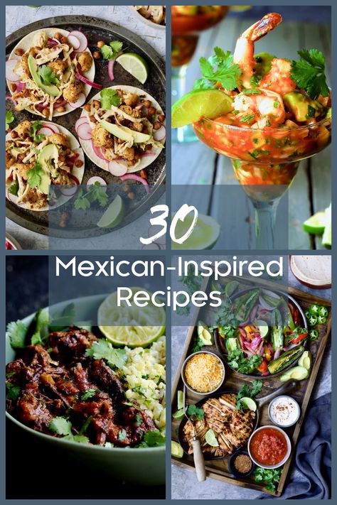 Collage of four Mexican-inspired recipes: Cauliflower Tacos, Shrimp Cocktail, Beef Barbacoa and Chicken Fajitas. Christmas Entrees, Dahi Aloo, Fusion Foods, Salads Easy, Mexican Food Menu, Tajin Recipes, Traditional Meals, Veggie Salads, Mexican Entrees