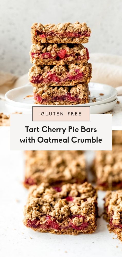 Beautiful tart cherry pie bars made with a homemade tart cherry filling and topped with a delicious oatmeal crumble. These bars are vegan, gluten free, naturally sweetened, chewy, and easy to make! Cherry Oatmeal Crumble Bars, Bars With Oatmeal, Tart Cherry Pie, Oatmeal Crumble, Cherry Pie Bars, Delicious Oatmeal, Cherry Bars, Ambitious Kitchen, Cherry Filling