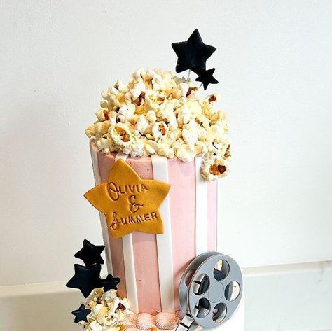 Movie Night Themed Birthday Cake, Popcorn And Pajamas Birthday Party, Movie Night Birthday Cake, Movie Night Cake, Birthday Movie Night, Pajama Birthday Parties, Popcorn Cake, Movie Cakes, Instagram Movie