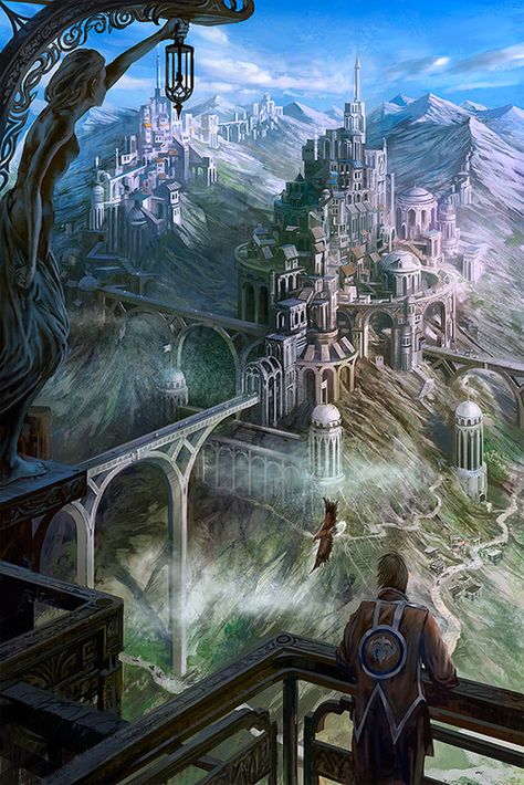 (Open RP) I look over the Castle of the Light Side of  Beyond. It's safe, for now. Knights are getting their swords sharpened and are practicing moves to use in the battle that will happen soon. I only watch, knowing its my time to keep eyes wide and ears a large. (Jacob) Mtg Proxies, Cards Game, Creation Art, Fantasy City, Fantasy Castle, Fantasy Setting, Fantasy Places, Fantasy Art Landscapes, Fantasy Concept Art