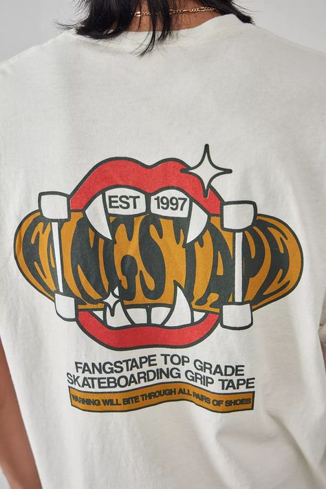 Bring skater energy to your tee collection with this 'Fangs Tape' graphic t-shirt. Cut from soft jersey with a crew neck, drop shoulders and short sleeves with a print to chest and reverse. Skater Graphic Tees, Skater Tshirt, Skate T Shirts, T Shirt Cut, Male T Shirt, Fit Inspo, Tee Design, Sleeve Designs, Sewing Ideas