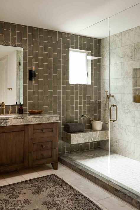 Morrison Interiors, Moody Bathroom, Green Tile Bathroom, Subway Tile Showers, Bathroom Oasis, Shower Shelf, Luxurious Showers, Shower Bench, Primary Bathroom