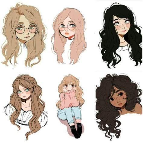 Hairstyles That Cover One Eye Drawing, Flowing Curly Hair Drawing, Medium Hair Reference Drawing, Long Cartoon Hair, Wavy Hair Styles Drawing, Cartoon Female Hair, Hair Styles Women Drawing, Fluffy Ponytail Drawing, Curly Hair Bangs Drawing