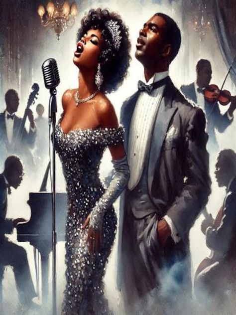 Download this vintage-inspired digital art featuring an African American duet joyfully singing in sequins and a tuxedo. Perfect for jazz and art lovers, this vibrant piece captures the elegance and spirit of classic performances, making it an ideal addition to your home decor. Duet Singing, Kylie Pregnant, Jazz Music Art, Jazz Performance, Heritage Art, African American Artwork, Bw Art, Recreation Room, Black King And Queen