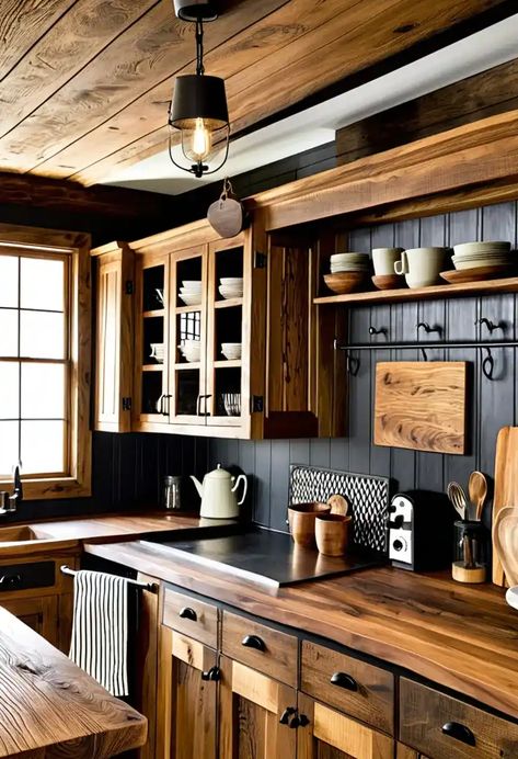 15 Beautiful Rustic Kitchen Cabinets Perfect for Your Home Log Cabin Kitchens With Painted Cabinets, Rustic Kitchen Theme, Dark Oak Kitchen Cabinets Farmhouse, Rustic Painted Cabinets, Butcher Block On Wood Cabinets, Pine Wood Cabinets Kitchen, Rustic Cabin Kitchen Cabinets, Rustic Cabinets Farmhouse Style, Burnt Wood Kitchen Cabinets