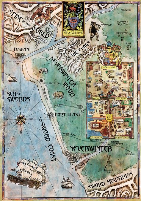 Neverwinter Nights map Neverwinter Map, Jade Empire, Knights Of The Old Republic, Neverwinter Nights, Fantasy City Map, Gamer Stuff, Rpg World, Elf Druid, Fantasy World Map