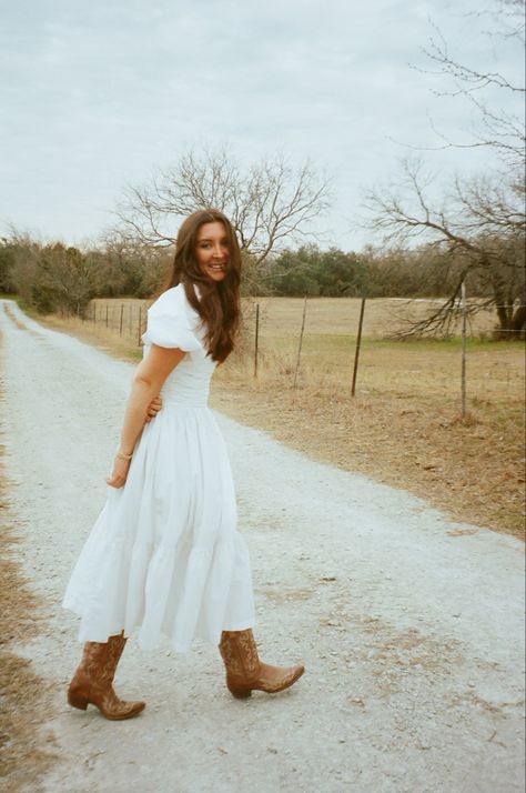 Wedding Dresses Cowboy Boots, Modest Dress With Boots, Cowgirl Boots With Long Dress, Classic Country Outfits, Western White Dress With Boots, Cowgirl Boots Long Dress, Western Boots And Dress Outfit, Cowgirl Boots Outfit Spring, Long Dresses With Cowgirl Boots