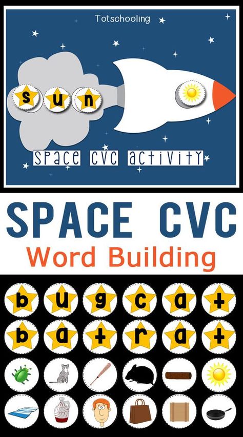 FREE Space themed CVC activity for kindergarten kids to practice building words, reading and writing skills! Literacy activity for a space or solar system theme. Space Literacy Activities Kindergarten, Cvc Blending, Space Writing, Mfw Kindergarten, Hay Festival, Science Games For Kids, Space Theme Preschool, Educational Activities For Toddlers, Space Week