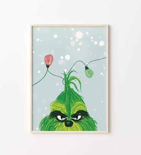 Christmas Grinch Wall Art. Christmas Printable Wall Art - Etsy Grinch Christmas Painting Ideas, Grinch Framed Art, Christmas Cards Grinch, Grinch Chalkboard Art, Easy Grinch Painting, Grinch Painting On Canvas, Grinch Canvas Painting, Grinch Paintings, Grinch Watercolor