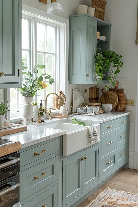 Deco House Ideas, Sea Foam Blue Kitchen, Lake House Small Kitchen, Grandmillenial Style Kitchens, Teal Kitchen Cabinets Color Combos, Lake Kitchen Ideas, Beachy Farmhouse Kitchen, Coastal Blue Kitchen Cabinets, Retro Inspired Kitchen