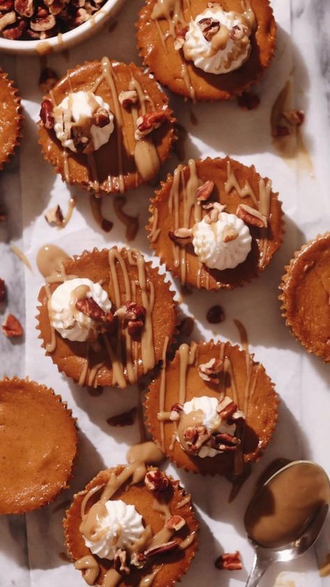 Perfect for fall parties, these baked mini pumpkin cheesecakes are rich and creamy with a crunchy cereal crust and caramel drizzle! Vegan Pumpkin Cheesecake, Pumpkin Cheesecakes, Feasting On Fruit, Mini Pumpkin Cheesecake, Pumpkin Fudge, Gluten Free Cereal, Dairy Free Pumpkin, Fall Parties, Pumpkin Mousse