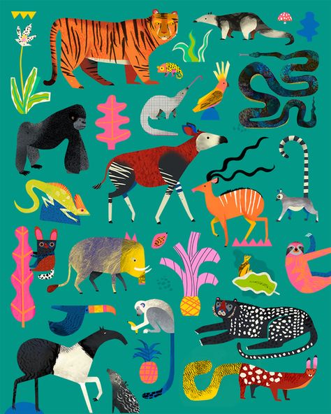 Jungle by Natasha Durley                                                                                                                                                                                 More Jungle Illustration, Rainforest Animals, Animals And Plants, Jungle Art, Animal Puzzle, Jungle Print, Art Et Illustration, Arte Animal, Photo Projects