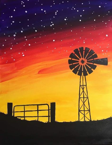 Easy Pictures To Paint For Beginners Canvas Ideas, Easy Rustic Paintings, Cowgirl Painting Ideas, Windmill Painting Easy, Western Sunset Painting, Windmill Painting, Easy Western Paintings, Cow Paintings, Western Art Projects