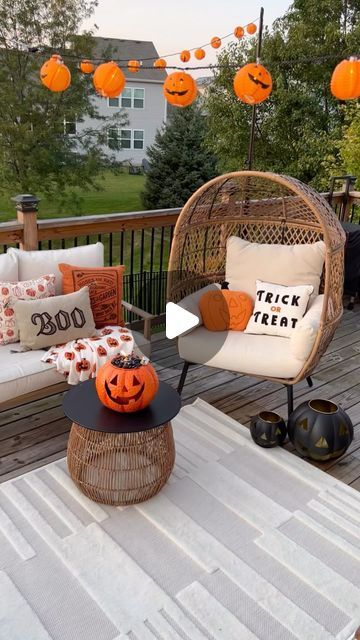 Amanda Albrecht Illinois Realtor + Content Creator on Instagram: "Halloween is out in the stores so I feel like this is my nudge to start decorating 🎃  This was a fun Jack O Lantern I made last year that was so fun to use all through the fall on my deck! I fill mine with Tiki fuel to keep the bugs away!  . . . #home #halloween #jackolantern #fallinspo #halloweenideas #halloweendecor #tikitorch #tikibrand #forthehome #wowusweekdays #falldecor #thisishalloween #pumpkinspice #pslseason #outdoorspaces #seasonaldecor #october #ghostsandgoblins #halloweenfun #trickortreat #ltkhome #autumn #diy #homehacks #halloweendecorations #outdoordiy" Halloween Deck Decorating Ideas, Deck Decorating Halloween, Aesthetic Halloween Outdoor Decor, Halloween Deck Decorations, Halloween Rooftop Decorations, Pool Chairs, Tiki Torches, Fall Inspo, Backyard Deck